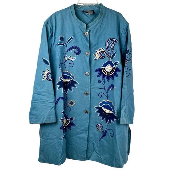 Indigo Moon Floral Button Up Long Jacket 3X - Picture 1 of 16